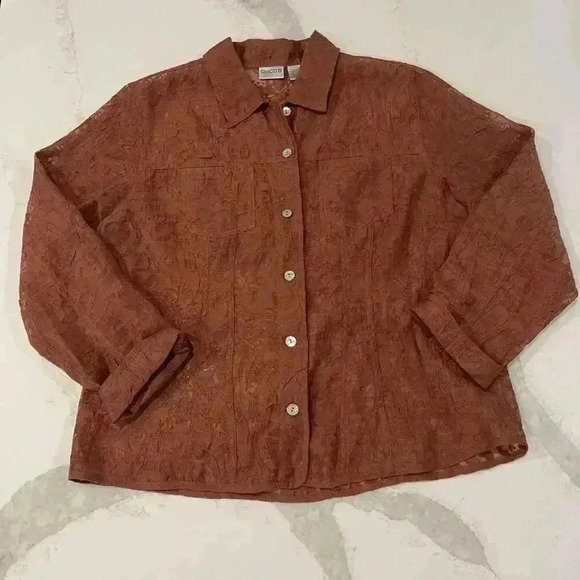 Chicos Sheer Floral Copper Brown Long Sleeve Button Up Blouse Chicos2 WomenLarge - Picture 1 of 5